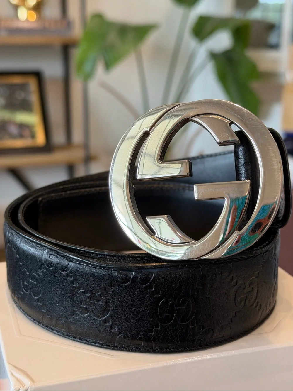 Gucci Black Leather GG Embossed Belt with Silver Double G Buckle